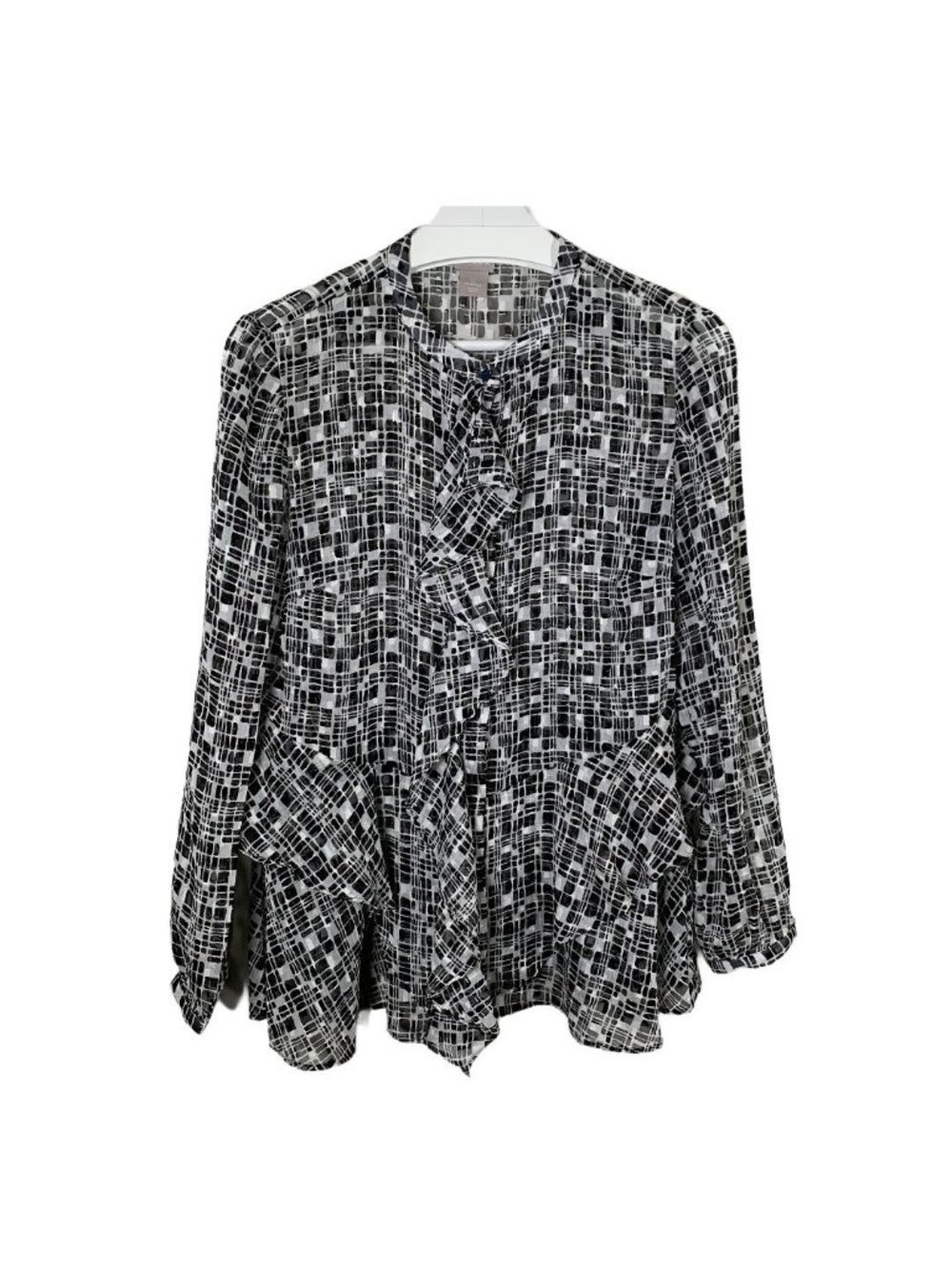 Chicos Womens 0 Black White Metallic Ruffle Blouse Sheer Lace Hem